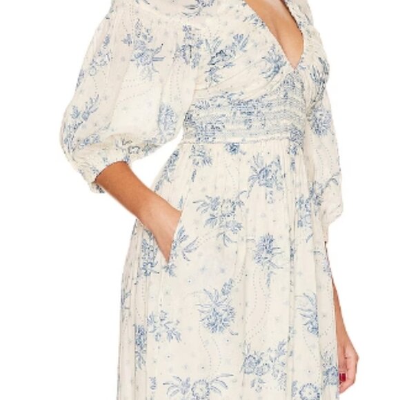 FREE PEOPLE Golden Hour Maxi Dress Floral Ivory Blue Boho Large 🆕📦🏃🏻💨🚚 - Picture 9 of 16